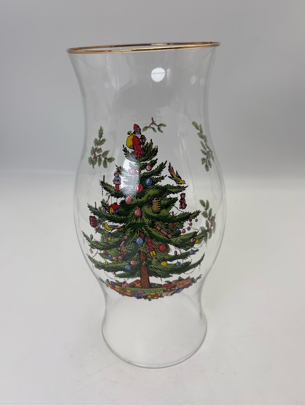 Large Spode Christmas Tree Glass Hurricane with Gold Rim